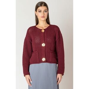 Zara Burgundy‎ Knit Cardigan Gold Hammered Buttons Cropped Sweater Small